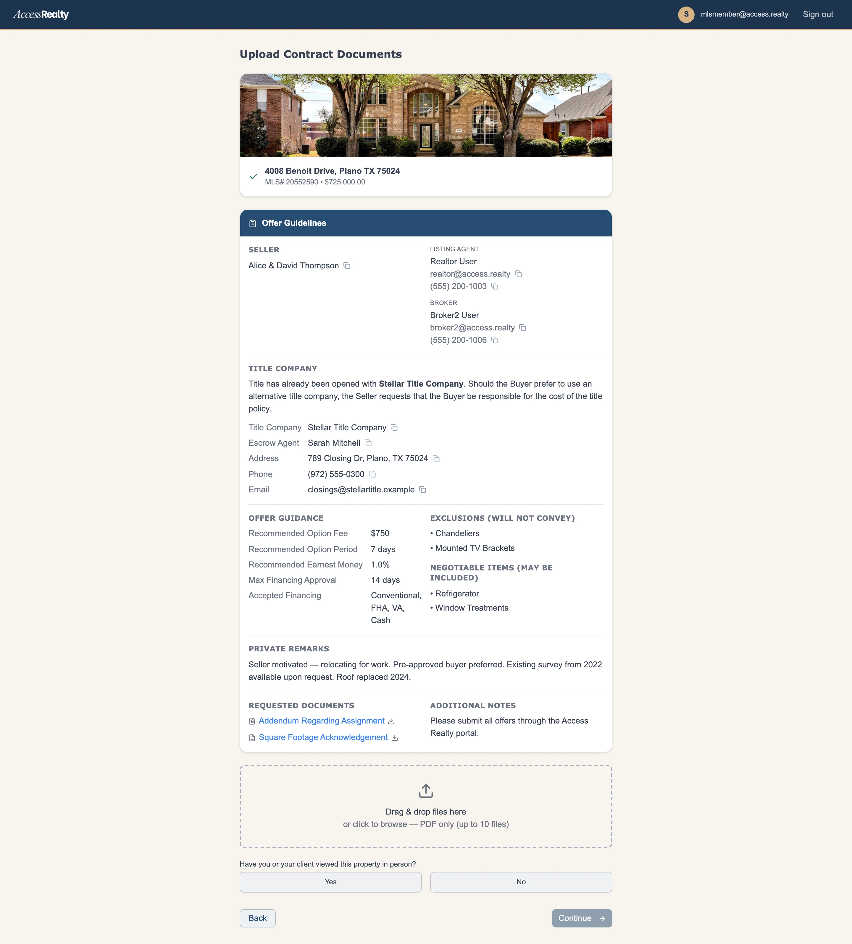 The buyer's-agent offer portal: a property card, the seller's offer guidelines (recommended option fee, period, earnest money, accepted financing, exclusions, title company, private remarks), and a PDF upload drop zone for the contract documents.