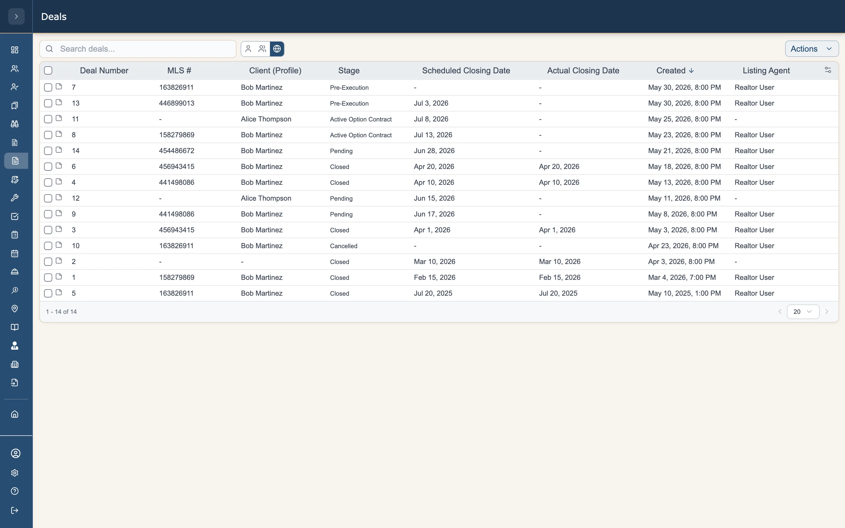 Access Realty CRM deals list — config-driven columns including a picklist-driven Stage column, with an ownership scope filter