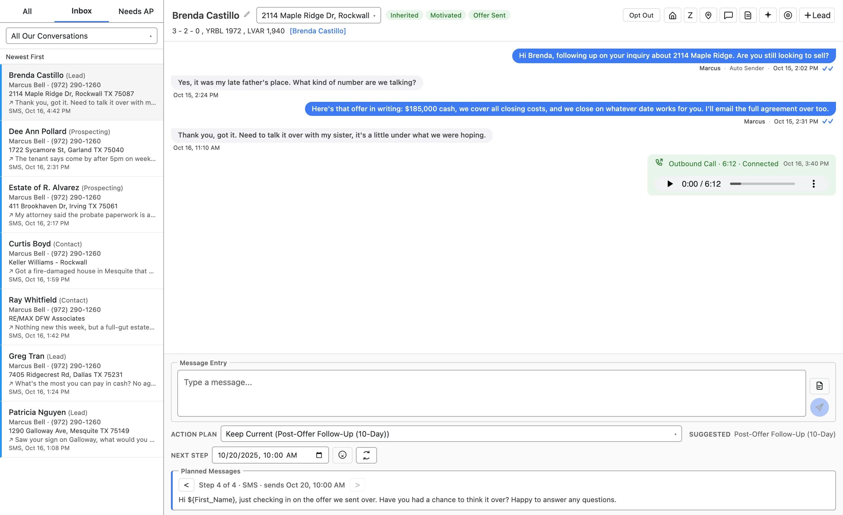 Custom Zoho CRM conversations widget: the Inbox / Needs-AP seller queue on the left, and a motivated-seller conversation (Brenda Castillo, tagged Inherited, Motivated, Offer Sent) showing the SMS negotiation, a recorded call threaded inline with a playable recording, and the Action Plan panel pinned at the bottom.